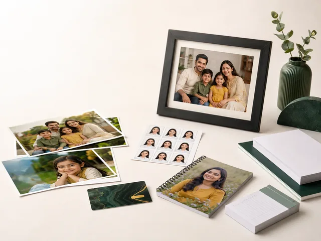 Loose glossy photo prints on a table